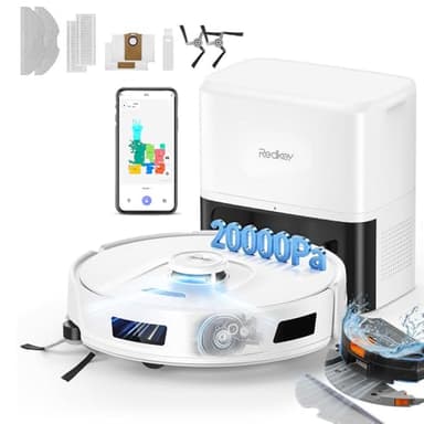 Redkey R11 Aspirateur Robot Laveur, 20.000Pa Ultra Puissante Aspiration, Robot Aspirateur avec Station de Vidage 4L, Anti-Enchevêtrement Cheveux, Navigation LiDAR, Contrôle App, Idéal pour Tapis et