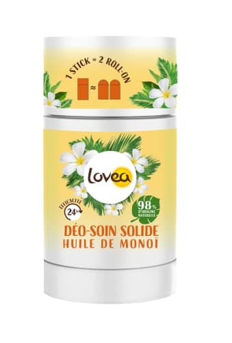 LOVEA - Déo-Soin Solide - Déodorant - Huile de Monoï - Efficacité 24h - 98% d'Origine Naturelle - Sans Alcool - Vegan - Fabriqué en France - 50 g