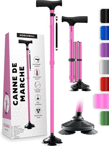 HoneyBull Canne de Marche Tripode en Aluminium pour Hommes et Femmes Pliable Réglable Robuste Tout Terrain Anti Dérapant, Aide à la Mobilité Personnes âgées (Rose)