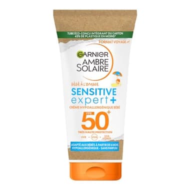 GARNIER Ambre Solaire - Bébé À L'Ombre Sensitive Expert+ - Lait Solaire Bébé FPS 50+ - Protège des UVA & UVB, UVA Longs - Résiste à L'eau - Céramides - Vegan - Dès 6 Mois - Peaux Claires - 50 ml