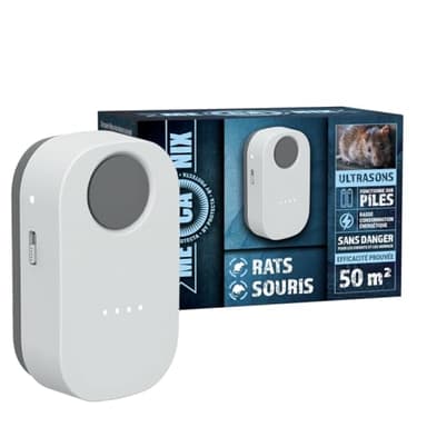 MECANIX® - Appareil Ultrason Anti-Rats et Souris à Piles – Répulsif Anti-Rongeurs à Fréquences Variables - Boîtier Ultrason idéal pour Voiture, Grenier et Espaces Difficiles d'Accès - 50m²