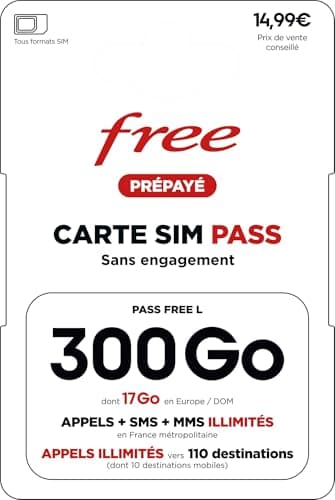 Carte SIM Free Pass L : Forfait 300 Go 5G Ultra-Data + Appels/SMS Illimités & 17 Go depuis l’Europe – Offre Mobile Sans Engagement