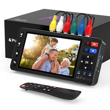 PORTTA Convertisseur VHS vers Numérique avec 5" HD Screen, Numerisation Cassette Video avec télécommande, RCA to HDMI Converter Compatible avec VHS, VCR, DVR, DVD, Hi8, Mini DV, Cassette Tape