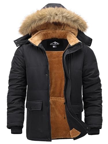 Peakwell Hommes Veste Doublée D'hiver Parka Coupe-Vent Blouson Chaud de Travail Extérieur avec Capuche Amovible, Noir, S