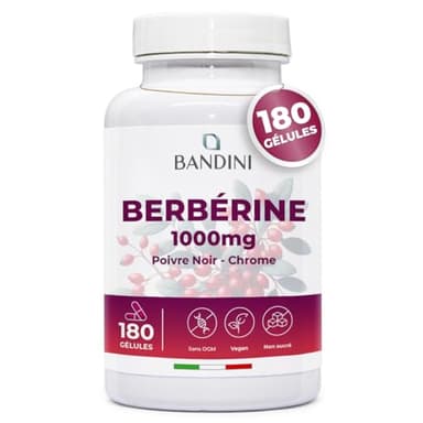 Bandini® Berbérine 1000 mg - 180 gélules pour 3 mois - Berberis Aristata avec Chrome et Poivre noir naturel - Haute absorption - Vegan et Sans Additifs - Extrait concentré de Racine Berberis Vulgaris