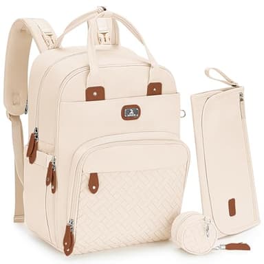 Dikaslon Sac a Langer Bebe, Sac à Langer à Dos Grande Capacité 18 Poches, Polysteer Déperlant, Tapis à Langer, Porte Tétine, Sangles Intégrées Poussette – Sorties Faciles (Beige Crème)