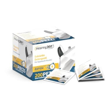 Hearing360 200 lingettes nettoyantes en boîte – nettoyage rapide et efficace pour appareils auditifs, smartphones et lunettes de soleil – Format maxi pratique