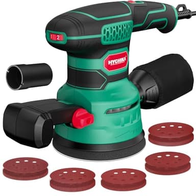 HYCHIKA 450W Ponceuse Orbitale, Six Vitesses de 6000 à 12000 OPM, Système de Dépoussiérage Efficace, Papier de Verre à 8 trous 20PCS, idéal pour le Ponçage des Produits en Bois et plus encore