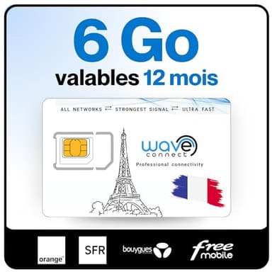 Wave Connect SIM Données France 4 Réseaux, 6 Go valables 12 Mois, Bouygues, Free, Orange, SFR, 4G, 5G, Prépayée, Active dès La Première Utilisation, UE, IoT, Sécurité