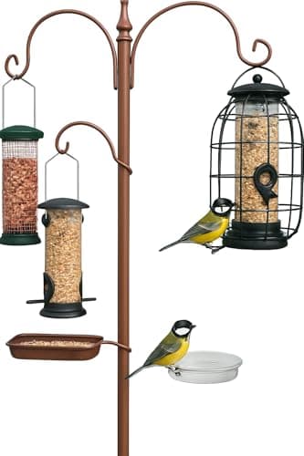 DIVCHI Mangeoires à Oiseaux à Suspendre avec Station à 2 bacs, Poteau de mangeoire, Support de mangeoire en métal, mangeoires pour Petits Oiseaux pour décorations de Jardin (Uniquement la Station