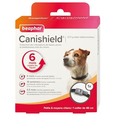 BEAPHAR - CANISHIELD 0,77 g – 1 collier antiparasitaire pour petits et moyens chiens – Substance active : Deltaméthrine - Agit contre les tiques, les puces et les phlébotomes – 48 cm