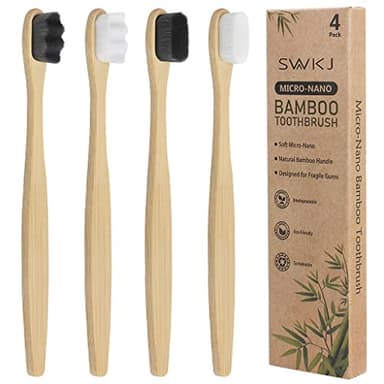 Lot de 4 brosses à dents micro-nano en bambou doux avec 20 000 poils conçus pour les gencives sensibles des enfants et des adultes (poils blancs et gris)