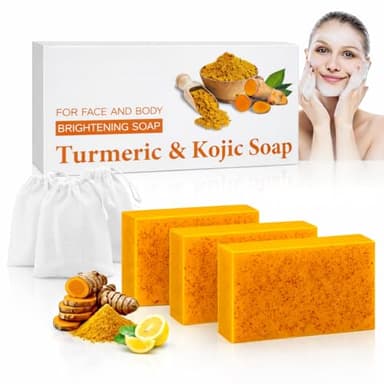 Lot de 3 Savon Curcuma Visage et Corps avec 3 Filets Moussants - Kojic Acid Soap - Savon à l'Acide Kojique Éclaircissant Anti-Taches Brunes, Acné, Hyperpigmentation - Teint Uniforme et Éclatant