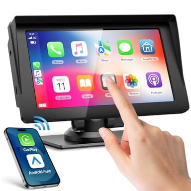 Volam 7 Pouces Carplay Voiture sans Fil, Écran Tactile Car Play et Android Auto, Portable Autoradio avec Bluetooth 5.0, Mirror Link, Siri/G00le Assistant Vocal, Transmetteur FM, AUX