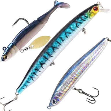 Pack de 3 Leurres de Pêche en Mer - Souple, Stickbait, Jerkbait - Bar, Dorade, Thon, Maquereau, Carnassiers Marin