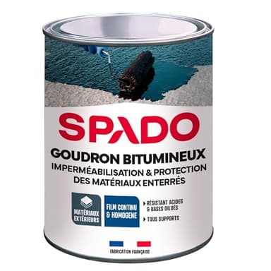 SPADO - Goudron Bitumineux - Protection des Surfaces Extérieures Enterrées & Bois - Imperméabilisant - Formule Anti-Rouille, Anti-Acide, Anti-Humidité - Fabrication Française - 1 Litre