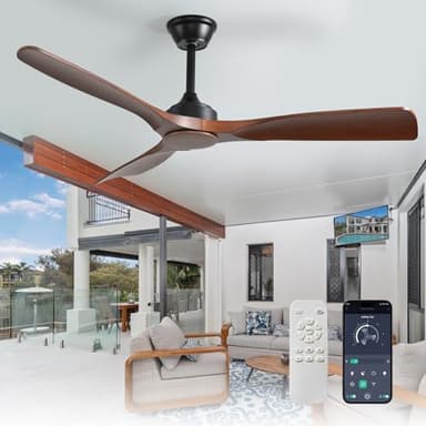 Depuley Grand ventilateur de plafond sans lumière : 132CM 3 pales Ventilateur avec télécommande et APP pour terrasse jardin - Ventilateur de plafond silencieux, réversible DC Timer pour salon, brun