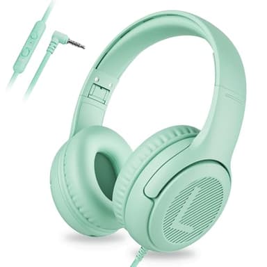 awatrue Casque Audio Enfant, Casque Enfant Filaire avec Volume Limité 85/94db, Fil 3.5 Mm, Pliable, Partager l’Audio, Micro Integré pour Ipad/Voyage/Tablette/Téléphone, Vert