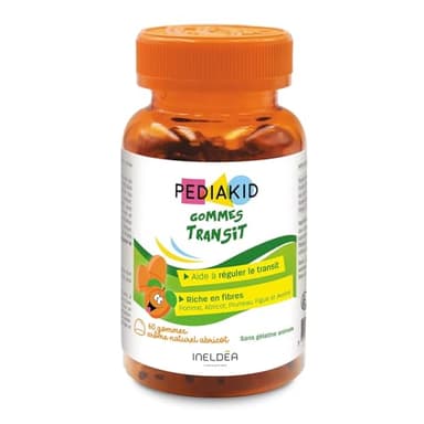PEDIAKID - Gommes Transit - Complément alimentaire à base de fruits et d'Avoine - Riche en fibres - Aide à réguler le transit intestinal - Arôme naturel abricot - 60 gommes
