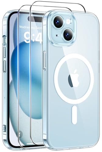 Qasyfanc Coque Magnétique pour iPhone 15 Compatible avec MagSafe avec 2 Verre trempé Protection écran, Anti-Jaune Antichoc Caméra Protecteur pour iPhone 15-Transparente