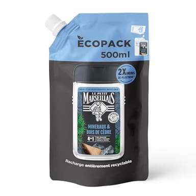 Le Petit Marseillais | Recharge Gel Douche Homme Minéraux & Bois de Cèdre (écopack de 500 ml) – Formule 4 en 1 corps, cheveux, visage & barbe – 92% d'ingrédients d'origine naturelle et pH neutre