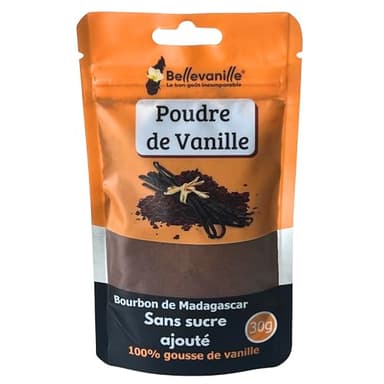 Poudre de vanille bourbon de Madagascar, 30g, gousses de vanille pures mixées, non épuisées, parfumées, idéal pour la pâtisserie. Emballage sachet ZIP refermable.