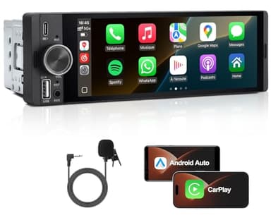 Autoradio 1 DIN, CarPlay Voiture & Android Auto sans Fil, Poste Radio Bluetooth Appels Main Libre, 6,36 Pouces HD Écran Tactile, Navigation GPS, Contrôle Vocal, AUX/FM, Mirror Link, USB Type-C