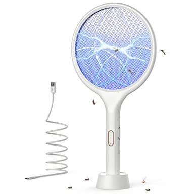 YISSVIC Raquette Electrique Insectes, Raquette Anti Moustiques Électrique 4000 V 1500 mAh Rechargeable avec Base Stable Contre Moustiques Mouches Insectes Volants, Blanc