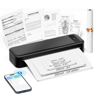 Imprimante Thermique Portable A4 sans Encre - Bluetooth sans Fil Compatible avec iOS et Android - Mini Imprimante Petite pour Papier Thermique 216/210/110/80/53mm, Mac, Windows, Reçus, 599g - Noir