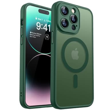 CANSHN Coque Magnétique pour iPhone 14 Pro Max(6,7 Pouces), Compatible avec MagSafe, [Protection Complète de l'appareil Photo] Housse Fond Mat Translucide,Vert Foncé