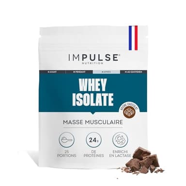 Impulse Nutrition - Whey Isolate Chocolat - Protéines et BCAA - 25g Protéines/Portion - Digestion Facilitée - Faible en Sucres - Boisson Récupération - Sport et Performance - 750g - Fabriqué en France