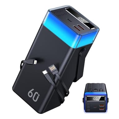 60000mAh Batterie Externe Grande Capacité, Power Bank PD 22.5W Charge Rapide Portable USB C Batterie avec 3 Câbles Intégrés, Powerbank avec Affichage LED pour Les Séries iPhone Samsung iPad et Autres