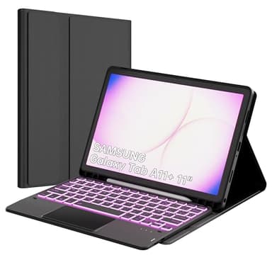 Étui Clavier pour Samsung Galaxy Tab A11+/A9 Plus 11 Pouces - 7 Couleurs Rétroéclairées Amovible Clavier Cover sans Fil avec Pavé Tactile - Tab A11 Plus 2025/A9+ 2023 11" AZERTY Français Coque Noir