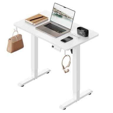WOLTU Bureau Assis Debout, Bureau Réglable en Hauteur Électrique, 72-118 cm, avec 3 Hauteurs de Mémoire, Réglage en Continu, 2 Crochets, pour Travail à Domicile et Ordinateur, 80x48 cm, Blanc