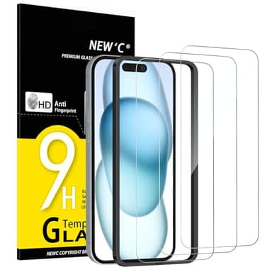 NEW'C Kit de 3, Verre Trempé pour iPhone 16, iPhone 15 (6,1 Pouces) Film en Protection écran efficace contre les Rayures - Ultra Résistant - HD Transparent - Outil d'installation facile inclus