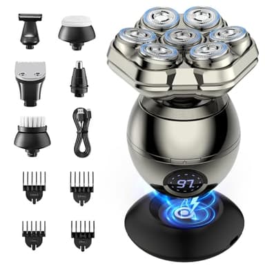 iWarmbase Rasoir Tete Chauve Homme,7D Rasoir Electriques Hommes Cheveux-6 en 1 Tondeuse Crane Chauve, Rasoir Chauve magnétique amovible, Humide/Sec Étanche IPX7 pour Hommes Chauves avec Écran LED