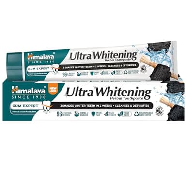 Himalaya Pâte Dentifrice Ultra Whitening - Formule Herbale avec Charbon Actif de Coco et Huile de Graines Noires, Sans Fluor, Végan, Nettoie en Profondeur, Blanchit les Dents de 3 Teintes, 75ml