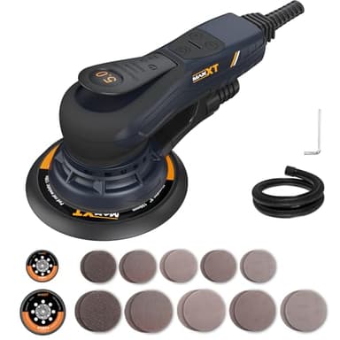 MAXXT Meuleuse électrique sans balais 350 W - Ponceuse orbitale 5.0 avec disques de 150 et 125 mm, fixation à trois points, 4000-10000 tr/min (6 niveaux), avec 20 feuilles abr