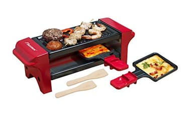 Bestron Appareil a raclette, Mini Grill pour 1 à 2 personnes, avec 2 poêlons et 2 spatules, avec revêtement antiadhésif, 350 Watts, couleur: Rouge/Noir
