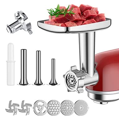 COFUN Hachoirs à Viande pour Kenwood Kmix KMX750 Chef KVC85 Accessoire, Convient pour Robot Pâtissier pour Kenwood, Comprend 3 Tubes de Farce à Saucisse et 4 Types de Plaques de Broyage