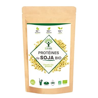 Protéine de Soja Bio - Bioptimal - 92% Protéines 17% BCAA - Haute Digestibilité - Energie Musculation - Poudre de Fève de Soja Biologique - 100% Pur - Conditionné en France - Certifié Ecocert - 500 g