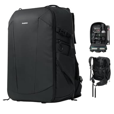 AMBITFUL Grand sac à dos pour appareil photo DSLR/SLR sans miroir, ergonomique, à suspendre, sac à dos professionnel étanche avec trépied et compartiment pour ordinateur portable, noir (25 L + 3 L, OM