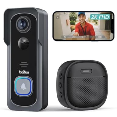 BOIFUN Sonnette sans Fil Exterieur Etanche, 2K FHD, Grand Angle de 166°, Installation Facile, Détection Humaine par IA, Vision Nocturne, Compatible Carte SD, IP65 étanche, Wi-FI 2,4 GHz Uniquement