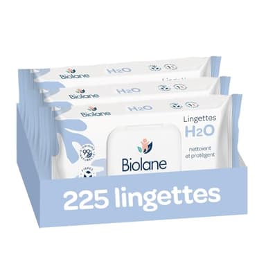 BIOLANE - Lingettes bébé à l'eau - 225 Lingettes - Lot de 3x75 - Nettoyage doux et efficace - Sans Rinçage - Dès la naissance
