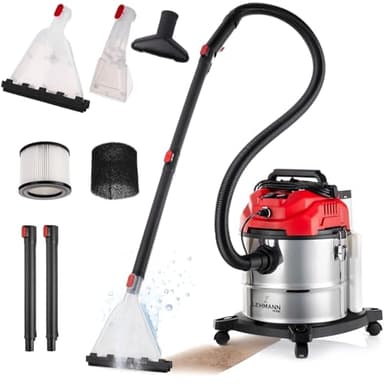 LEHMANN Shampouineuse avec Réservoir de 20L, 1600 W, Aspirateur Injecteur-extracteur avec filtre HEPA, Réservoir à détergent de 4,3L, Aspirateur nettoyeur pour Tapis, Canapé, Matelas et Voiture