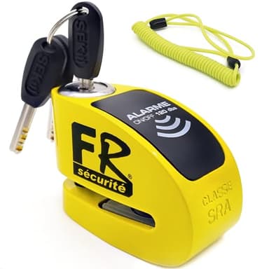 FR Sécurité FR410Y Antivol Moto Homologué SRA Bloque Disque Alarme 120dB Activation Optionnelle, Plus Dissuasive Haute Sécurité Anti Vol, Serrure Anti-Perçage, Bloc Cadenas Motos Scooter