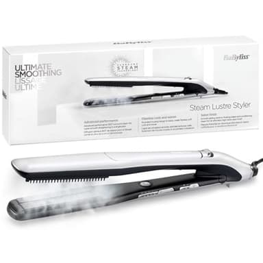 BaByliss Lisseur Vapeur Lustre Steam, Technologie Advanced Ceramics, Pour tous les types e cheveux, Peigne lissant inclus, 5 températures de 170°C à 210°C, Protection des cheveux, ST595E