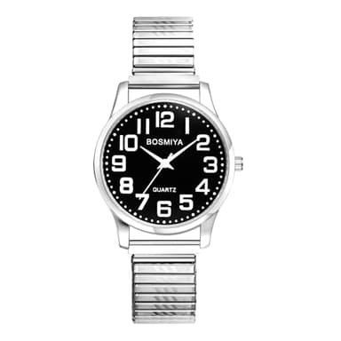 JewelryWe Montre Homme Bracelet Extensible: Montre Bracelet Elastique Doré Analogique Quartz Grands Chiffres Arabes Facile à Lire - Confort Réglable 22-25cm - Cadeau Anniversaire Noël Fête des Pères