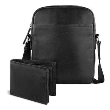 bugatti Savona Set Sac à Bandoulière et Porte-Monnaie en Cuir de Buffle avec Protection RFID, Sac en Tissu Inclus – Noir