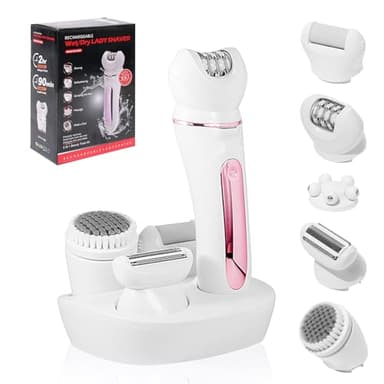 Journeyside Épilateur Électrique, 5 en 1 Épilateur Électrique Femme, Épilateur Electrique Femme Sans Fil, Avec Brosse Exfoliante & Nettoyage, Epilateur Wet & Dry pour Les Jambes et le Corps Rose